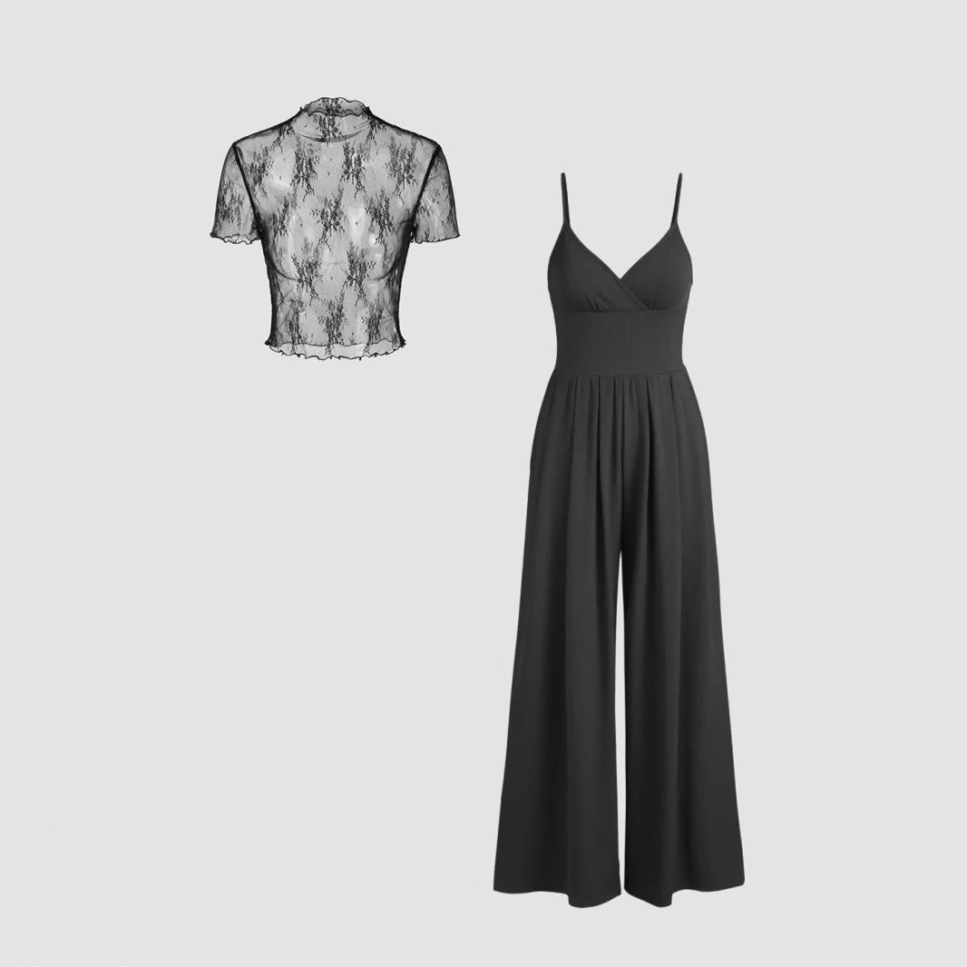 Women elegant V-neck jumpsuit with transparent blouse Ivyshape