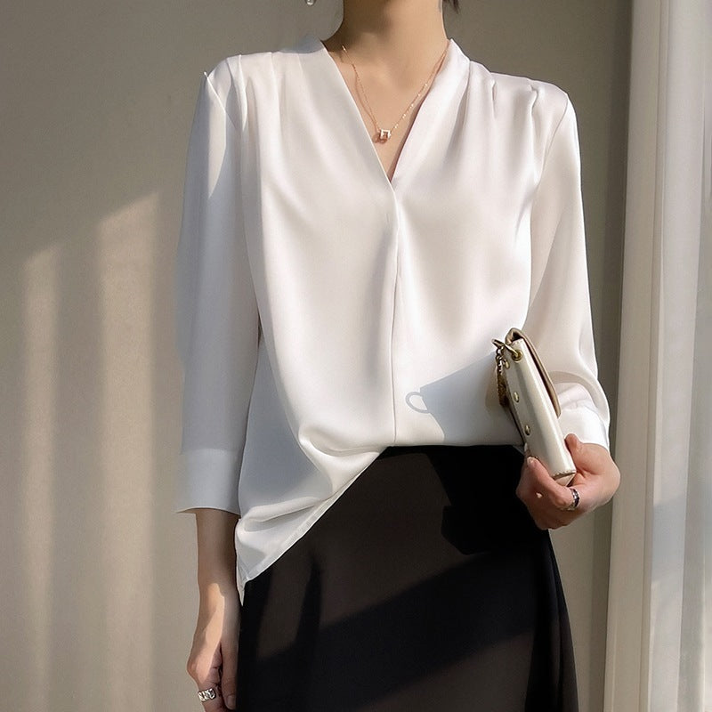 Women's silk blouse with elegant V-neck and button details Ivyshape