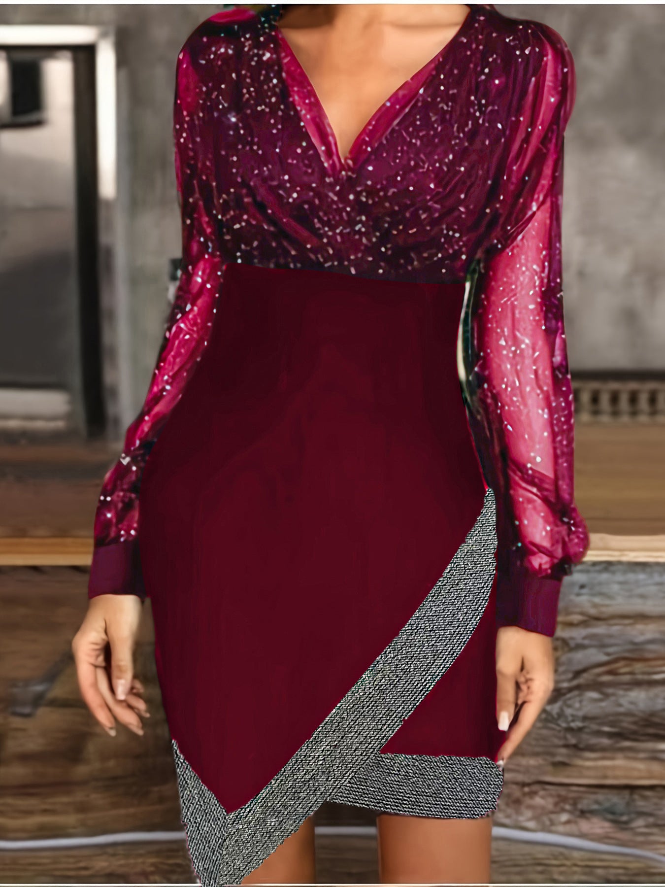 Ladies stylish wrap dress with glitter accents and transparent sleeve look Ivyshape