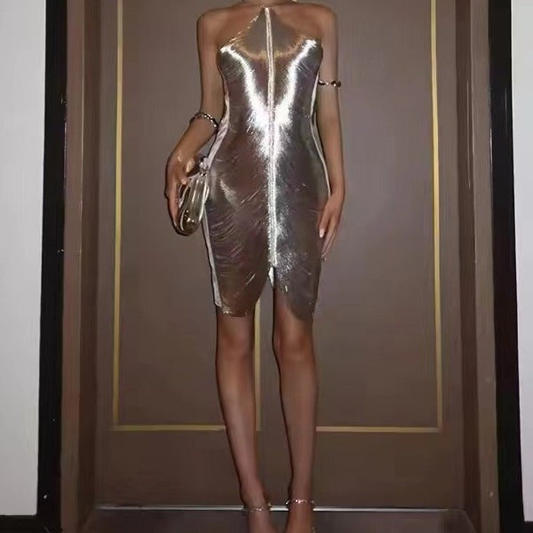 Ladies Elegant Party Dress with Alluring Slit and Gold Accents Ivyshape