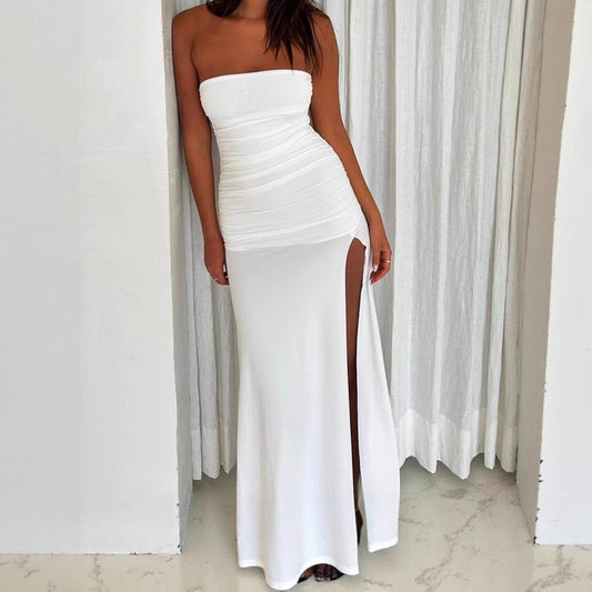 Women Elegant Strapless Maxi Dress with High Slit and Ruching Ivyshape