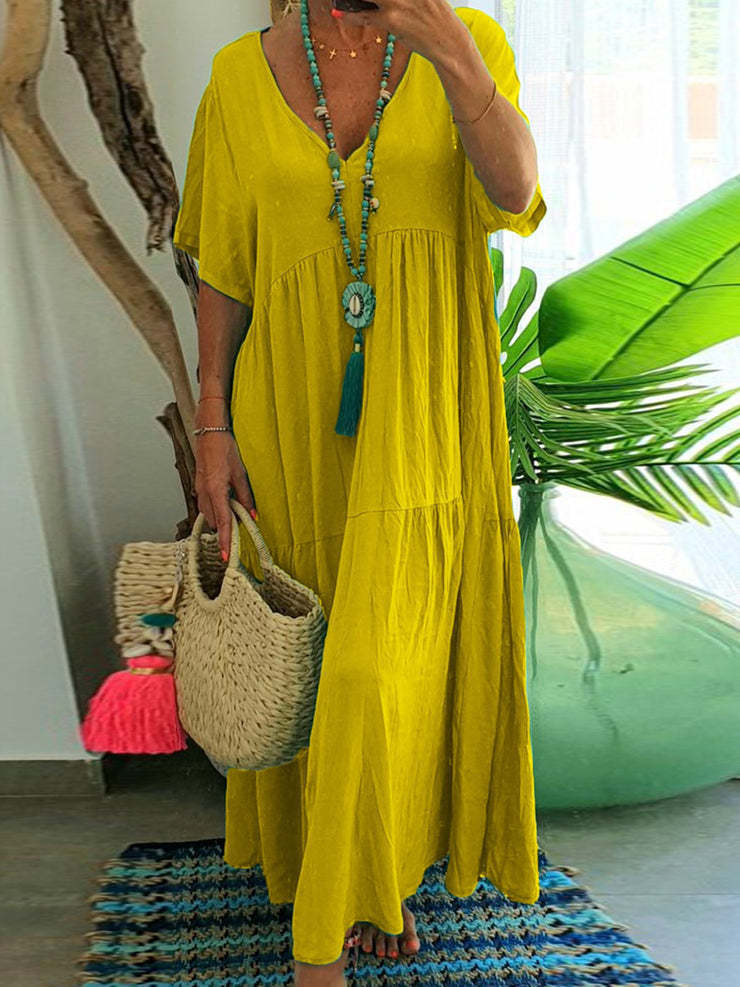 Women's airy boho maxi dress with flouncy hem and deep V-neck Ivyshape
