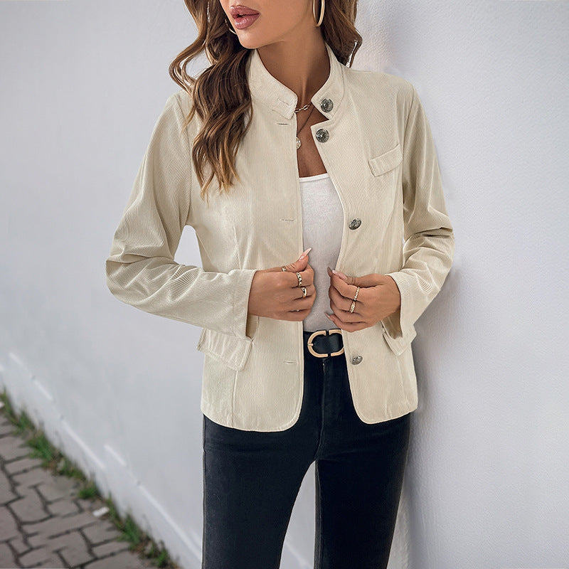 Ladies fashionable blazer jacket with stand-up collar and snap button closure Ivyshape