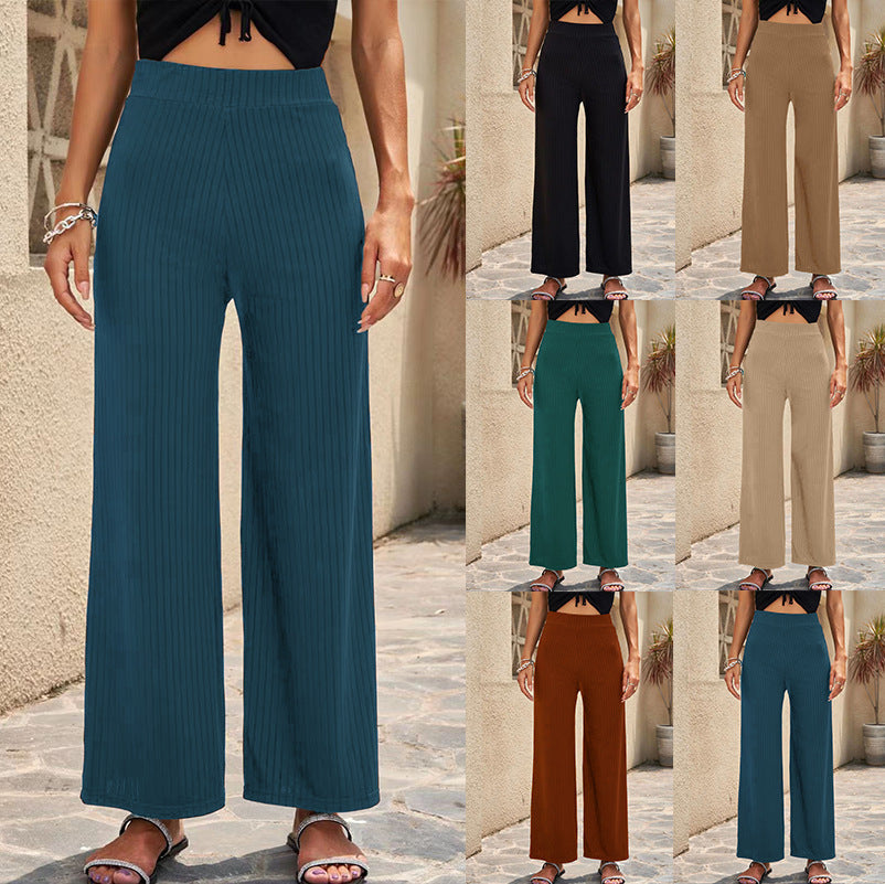 Ladies wide, striped pleated trousers with high waistband and elastic waistband Ivyshape