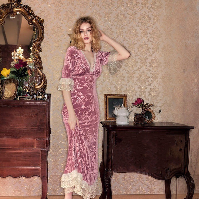 Women Elegant Velvet Dress with Lace Sleeves and Floral Pattern Ivyshape