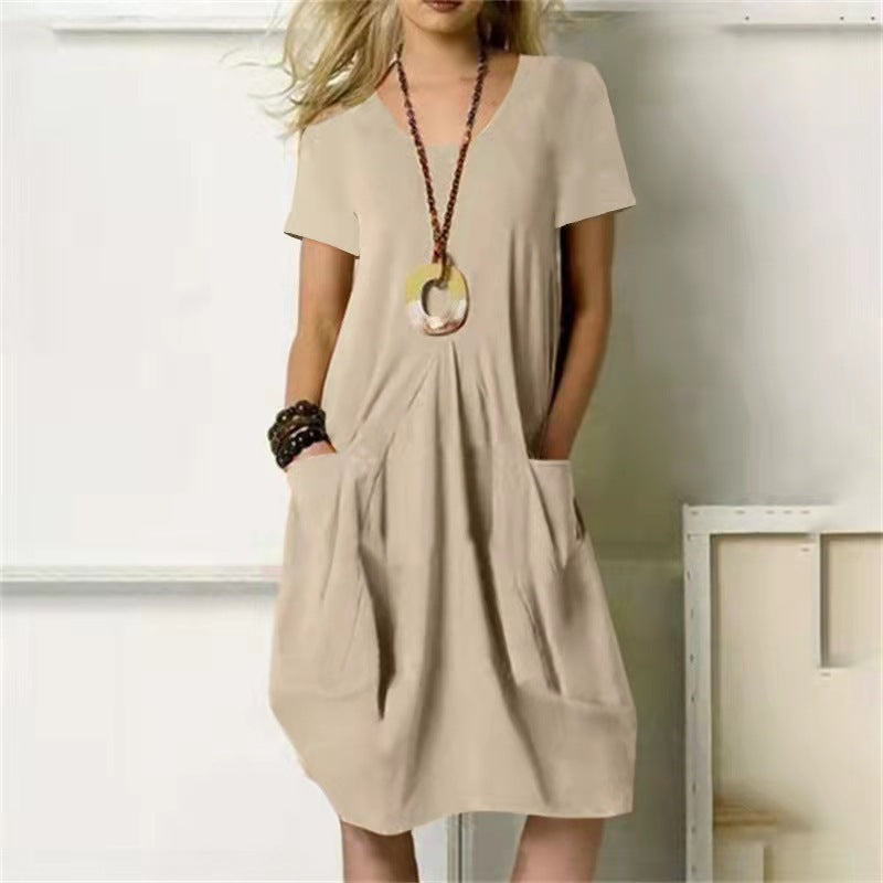 Ivyshape | Solid Color Dress with Loose Round Neck and Short Sleeves