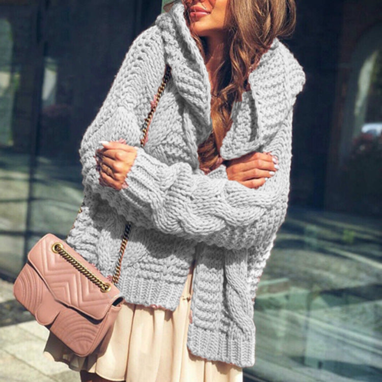 Women's chunky knit cardigan in a casual oversized style with shawl collar and large pockets Ivyshape