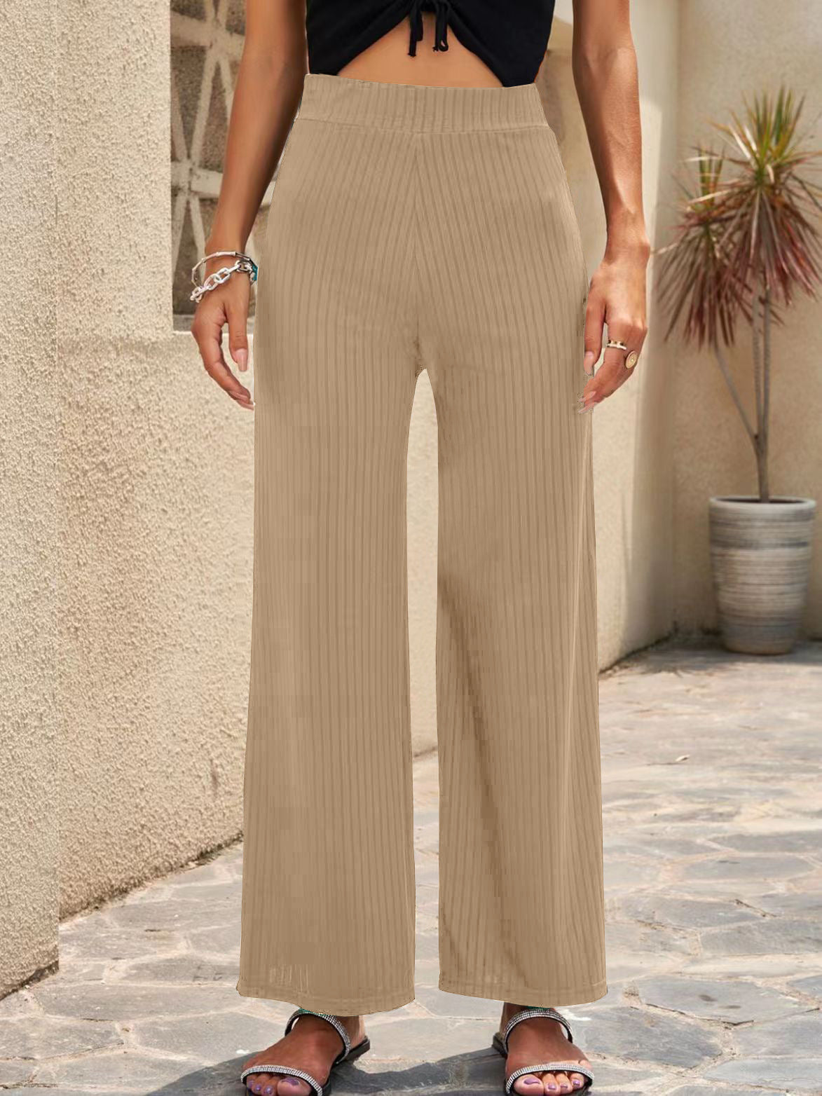 Ladies wide, striped pleated trousers with high waistband and elastic waistband Ivyshape