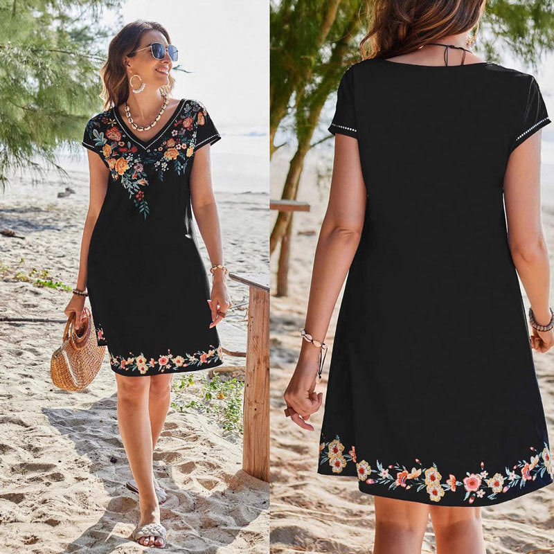 IvyShape | Elegant Printed V-Neck Short Sleeve Dress