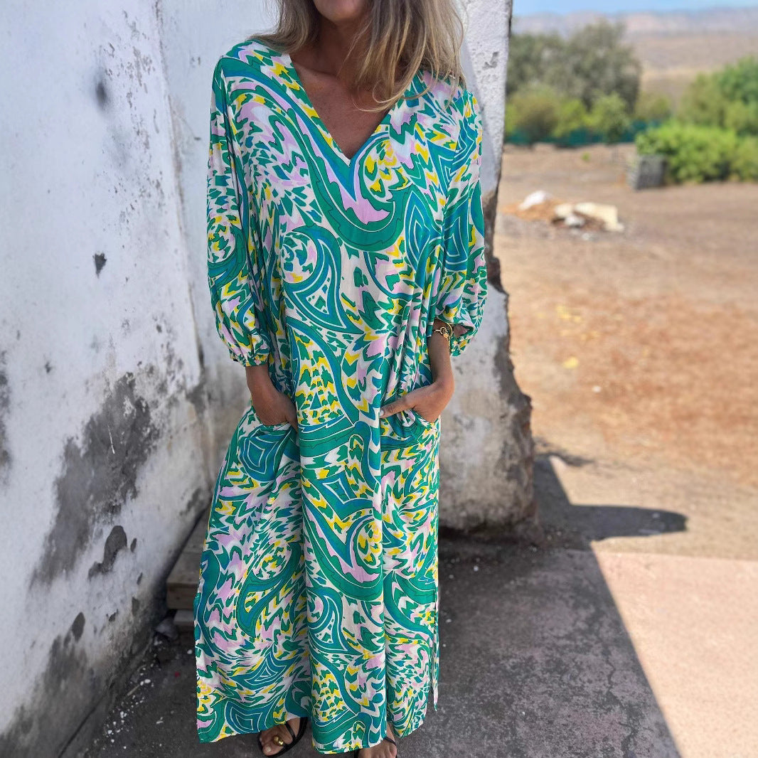 Women Long Sleeve Dress with V-Neck and Practical Pockets Ivyshape