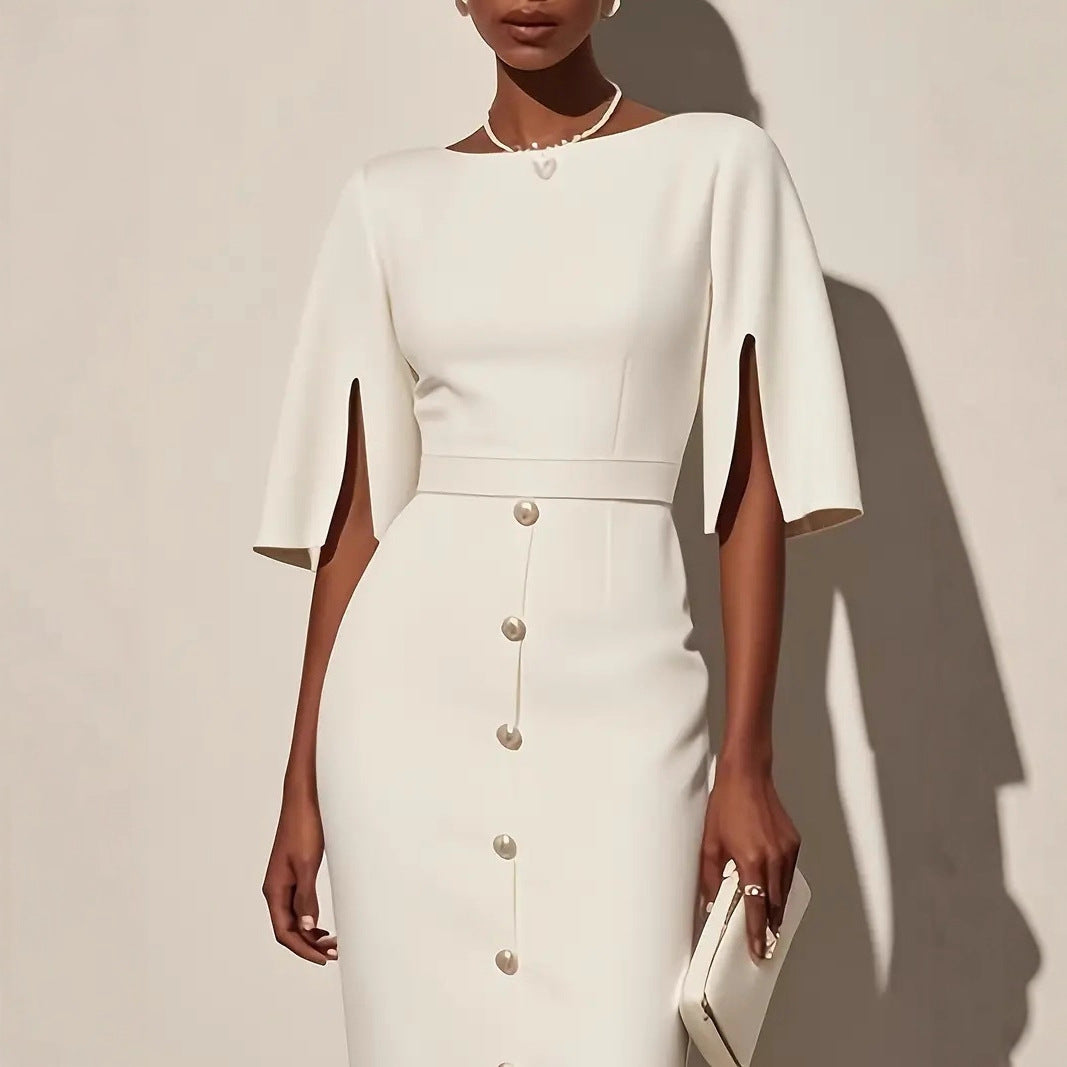 Ladies Stylish Button Placket Midi Dress Ivyshape