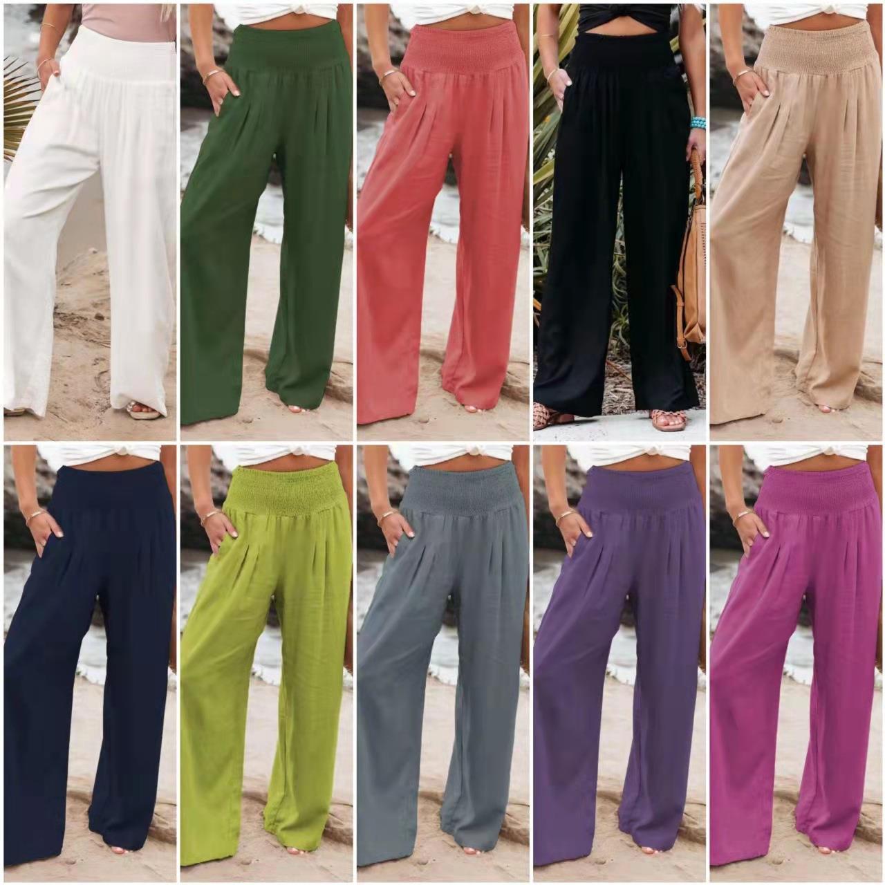 Women wide linen pants with elastic waistband and pleats Ivyshape