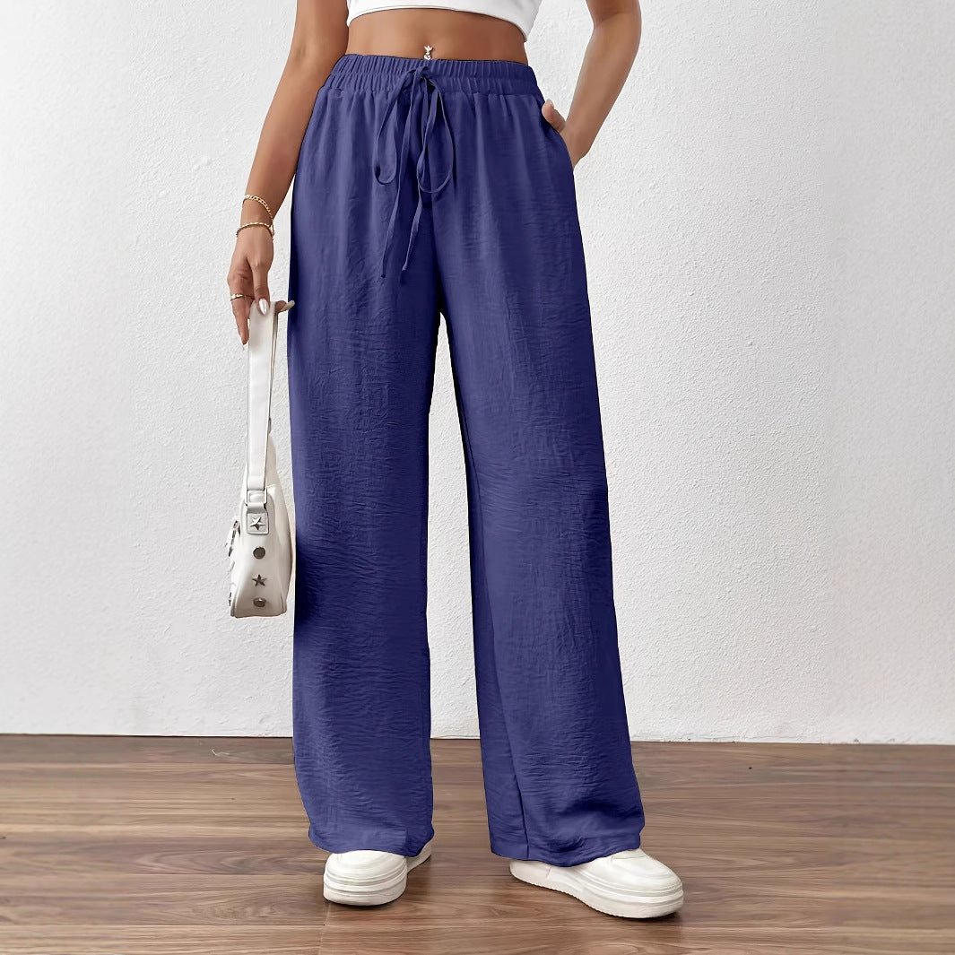 Women's Summer Palazzo Pants with Elastic Waistband and Tie Belt Ivyshape
