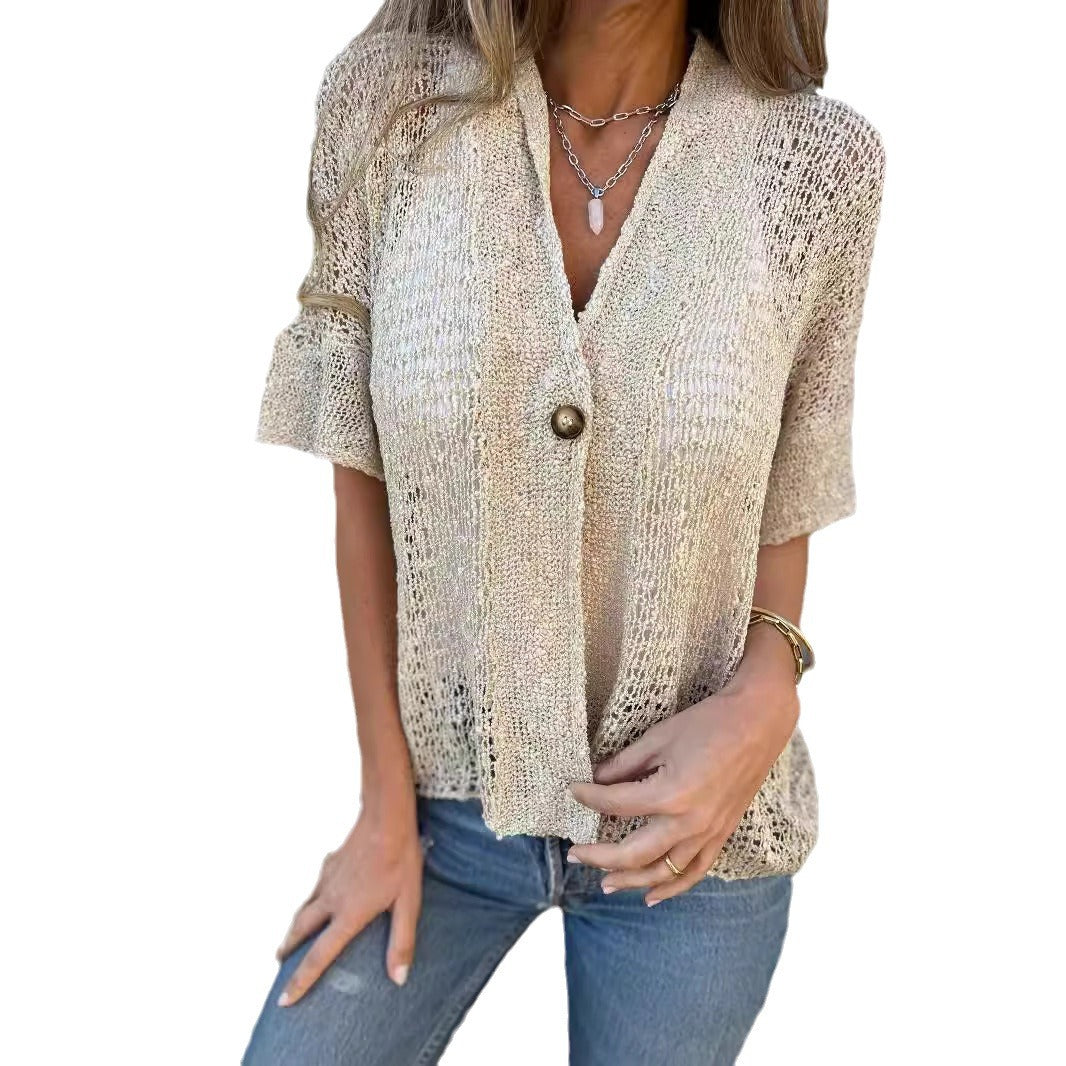 IvyShape | Buttoned Hollow Out Three-Quarter Sleeve Cardigan Top