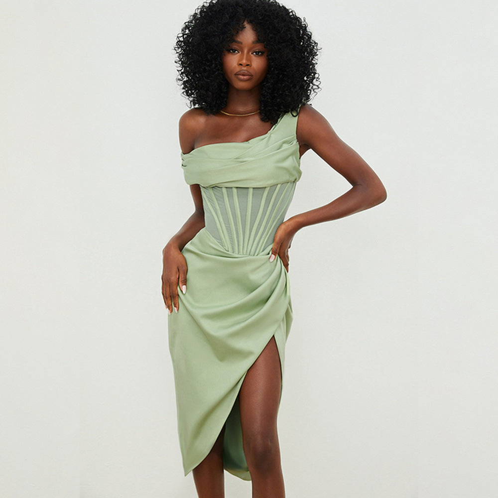 Women Figure-flattering Cocktail Dress with Asymmetrical Cut and High Slit Ivyshape