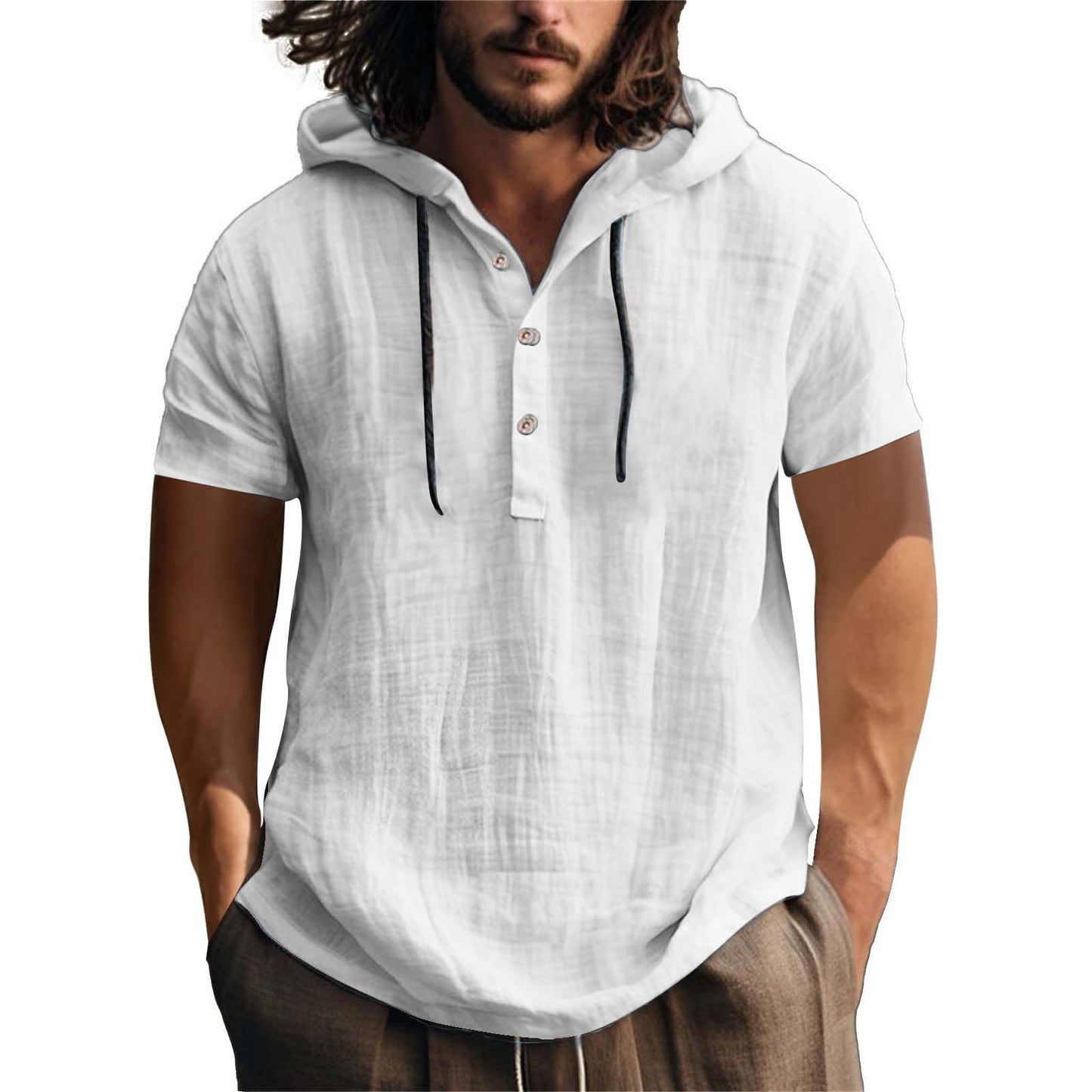 Men's Casual Short Sleeve Hoodie with Placket Ivyshape
