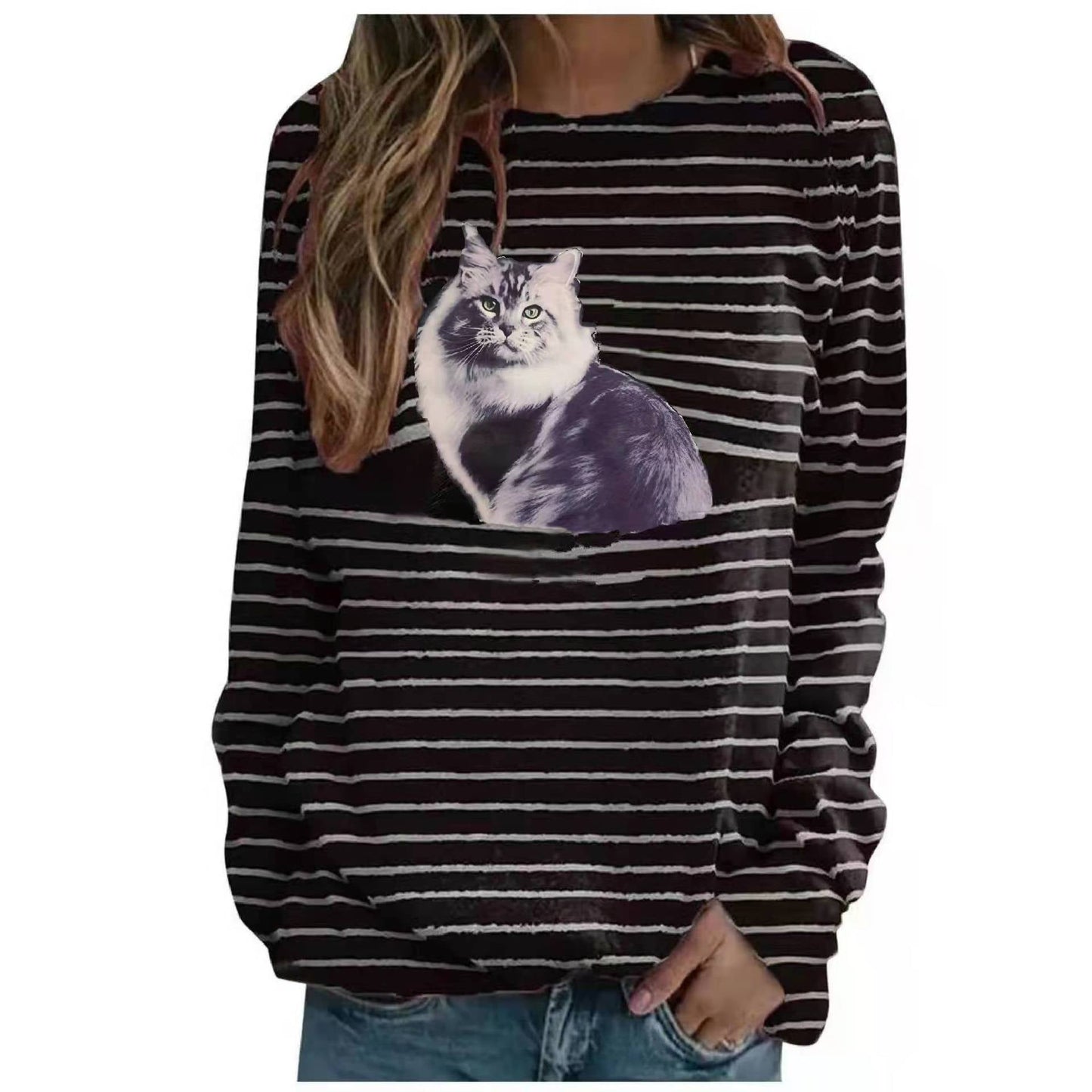 IvyShape | Playful Cat Print Striped Women's T-Shirt