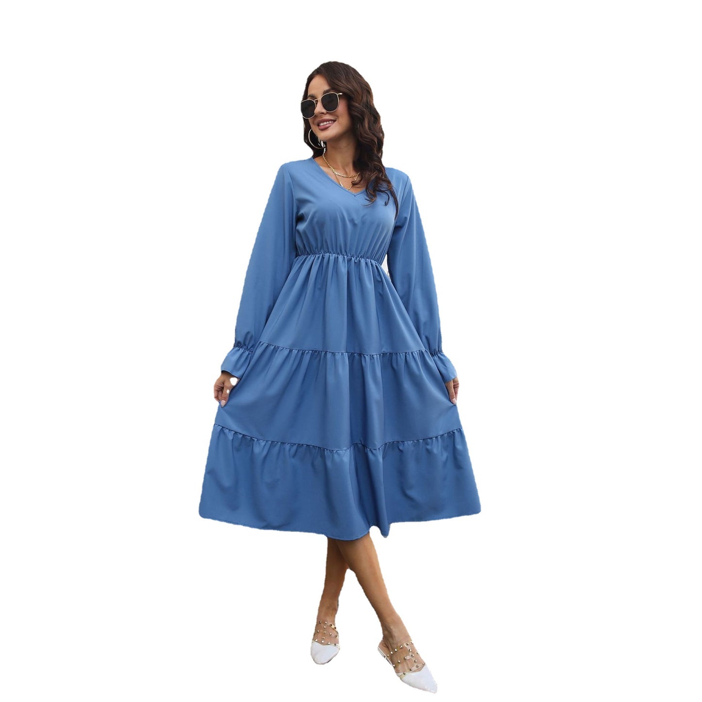 Ladies midi dress with voluminous ruffle details and tailored cut Ivyshape