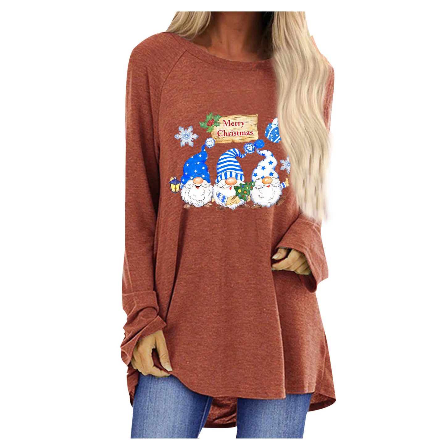 Women Oversized Long Sleeve Shirt with Festive Gnome Motif Ivyshape