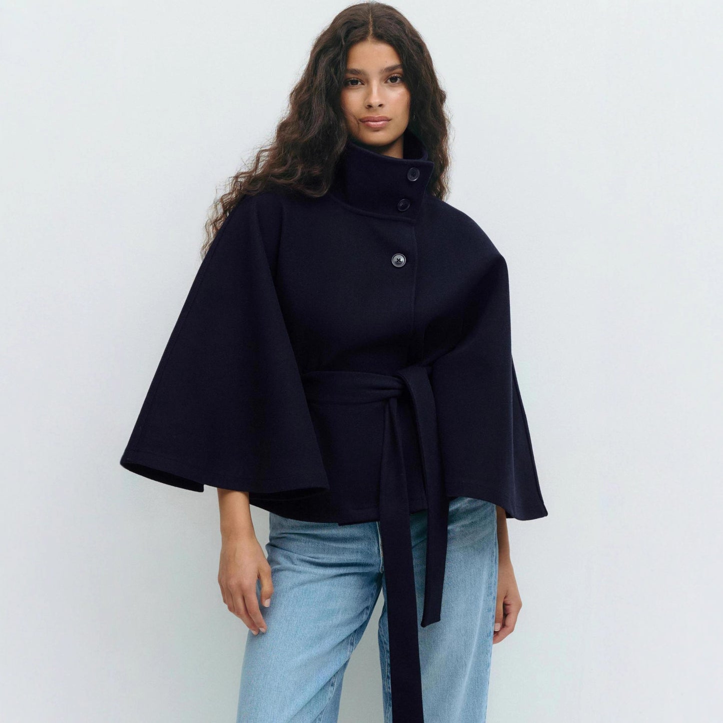 Women's wrap jacket with high collar line and wide sleeves Ivyshape