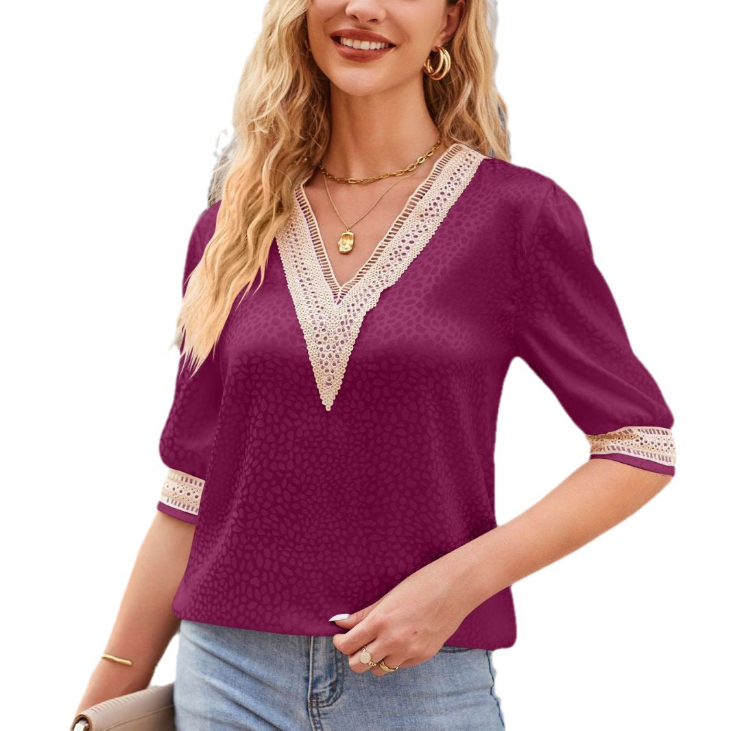 IvyShape | Lace Satin Medium Sleeve V-Neck Fashion Shirt Top