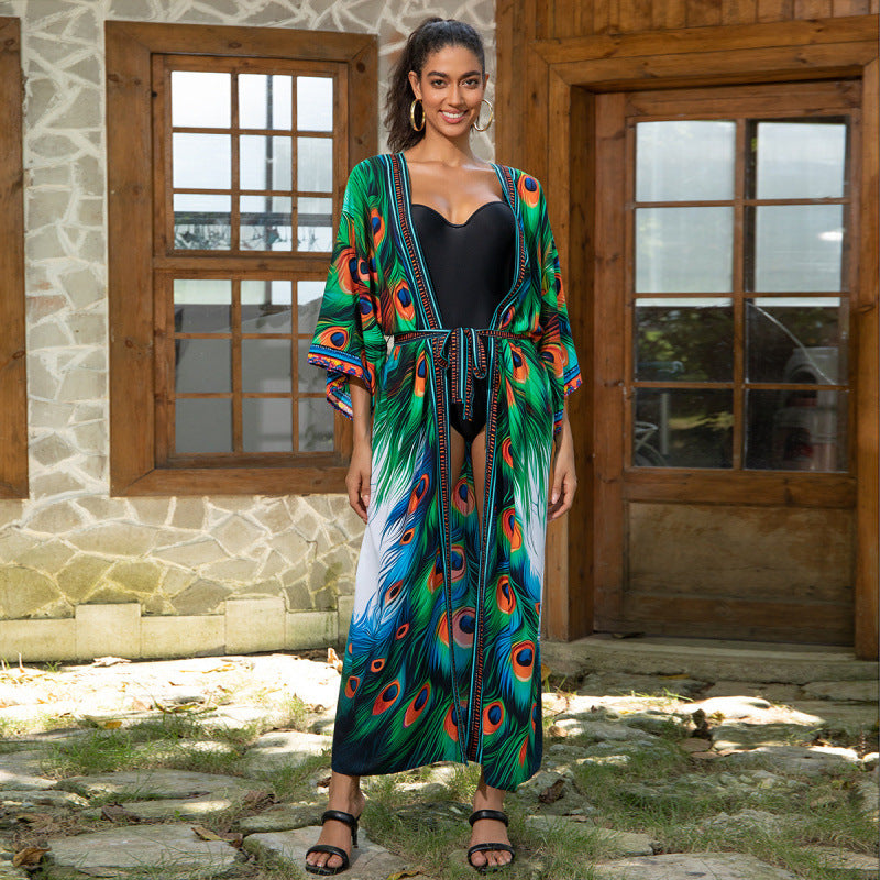 Ladies Shawl Kimono with Vibrant Feather Designs Ivyshape