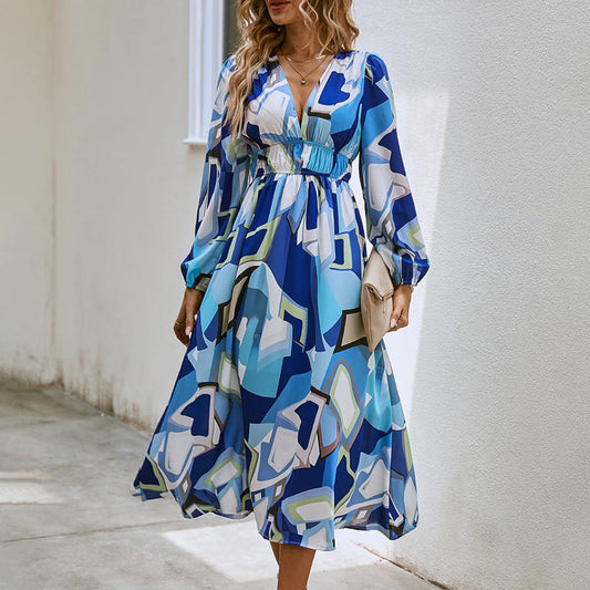 Ivyshape | Women’s Printed V-Neck Long Sleeve Summer Maxi Dress