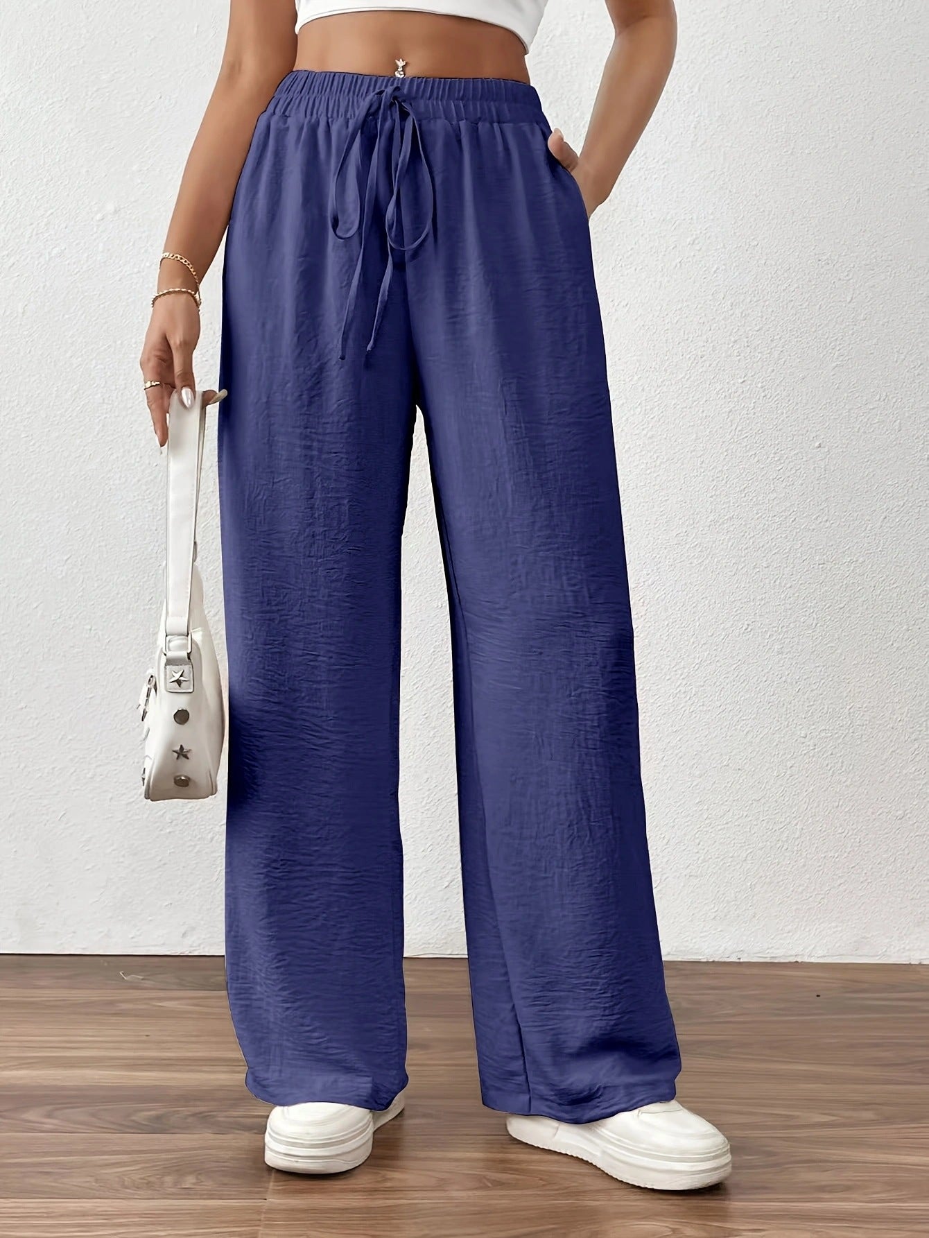 Women's Summer Palazzo Pants with Elastic Waistband and Tie Belt Ivyshape