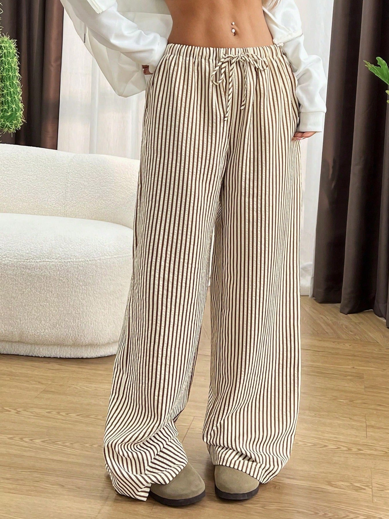 Women's Wide Cut Striped Trousers with Elastic Waistband and Tie Ivyshape
