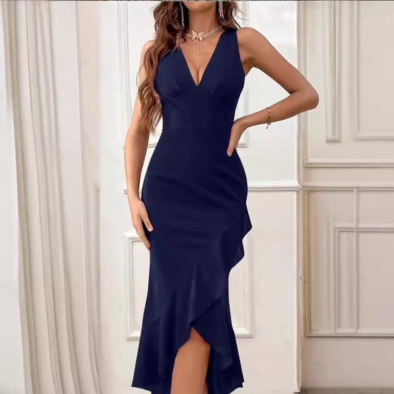 Women Elegant Wrap Dress with Deep V-Neck and Playful Ruffle Hem Ivyshape
