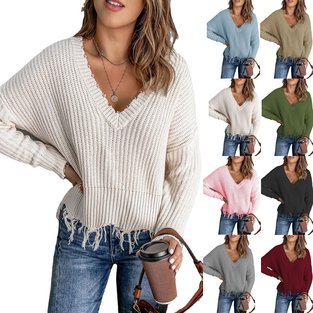 Women's V-neck knitted sweater with fringes Ivyshape