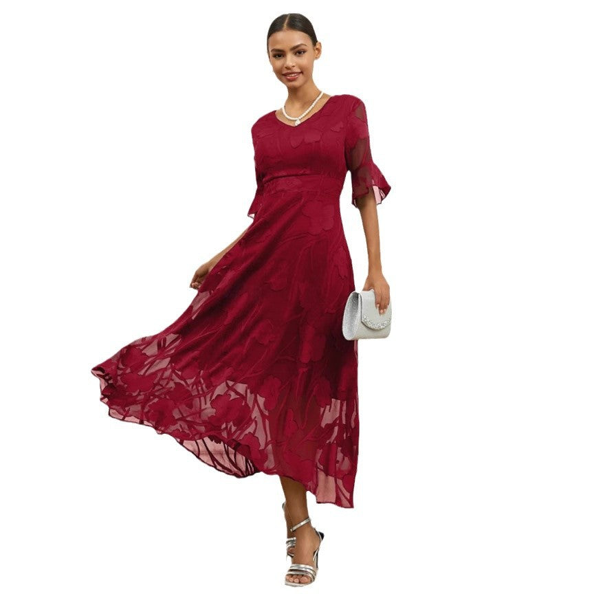 Ladies elegant midi dress with floral chiffon and V-neck Ivyshape