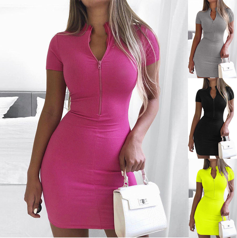 Women's Fitted Mini Dress with Zipper and V-Neck Ivyshape