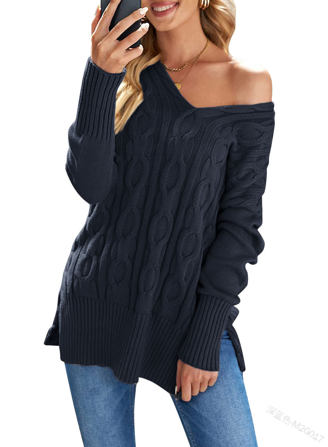 IvyShape | Stylish V-Neck Cable Knit Pullover Sweater for Women