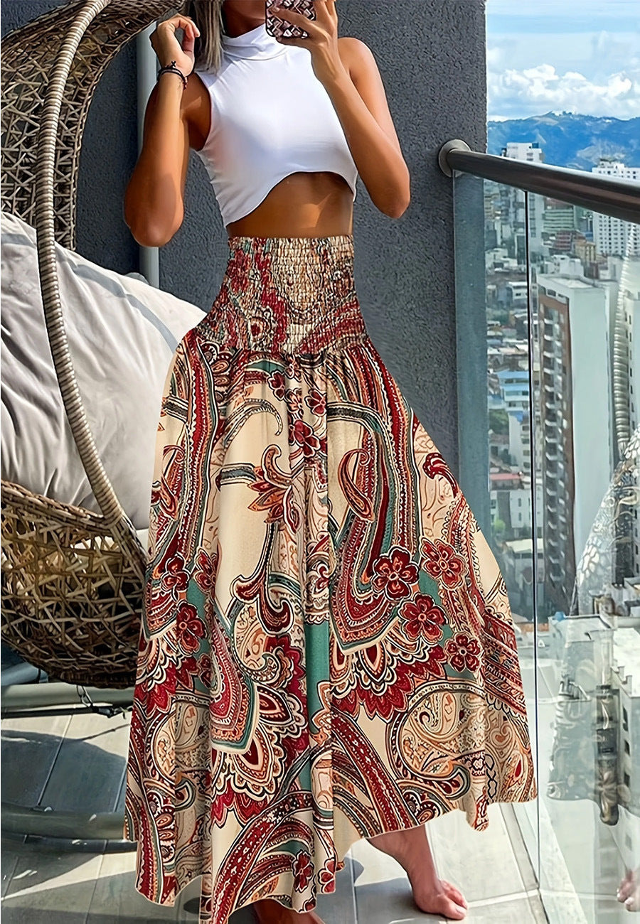 IvyShape | Printed Elastic Waist Large Swing A-Line Skirt