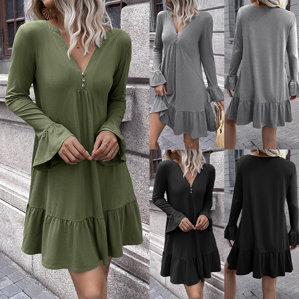 Women's loose dress with flattering V-neckline and bell sleeves Ivyshape