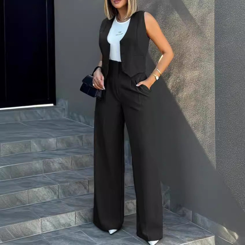 Women Elegant Two-Piece Set with Tailored Blazer and Wide Leg Pants Ivyshape