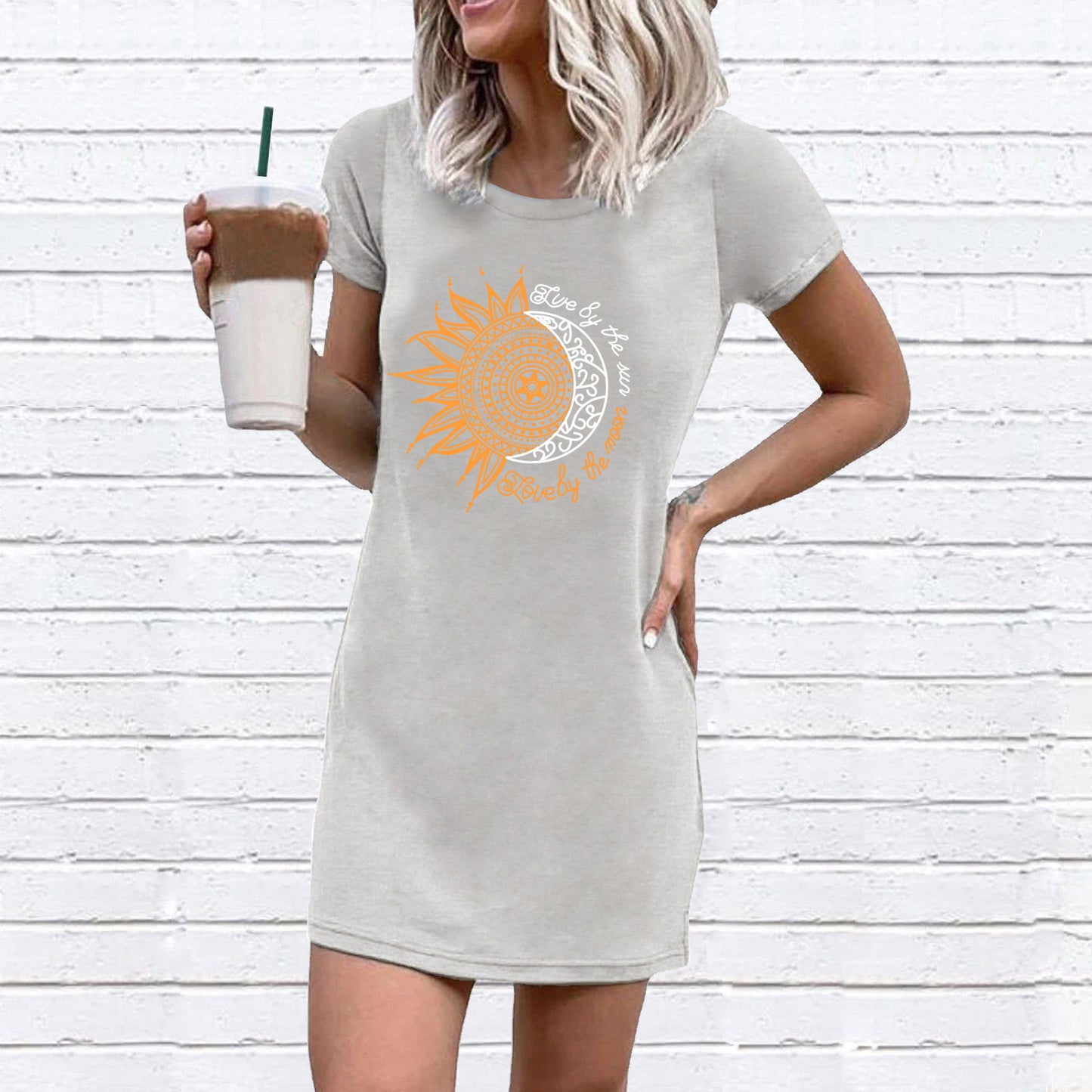 Women's T-shirt dress with creative sun and moon motif Ivyshape