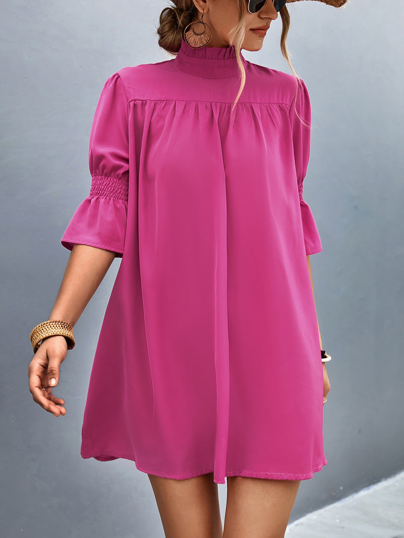 Women Festive Short Sleeve Dress with Stand Collar and Airy Sleeves Ivyshape