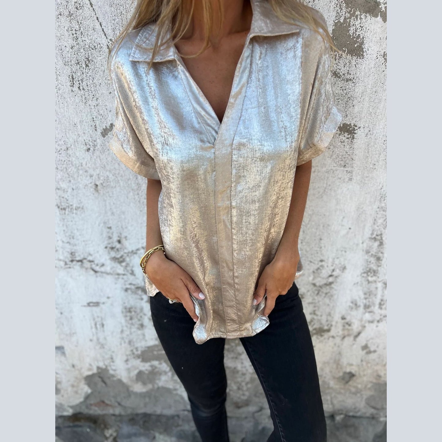 Women Elegant Short Sleeve Blouse made of Shiny Material Ivyshape