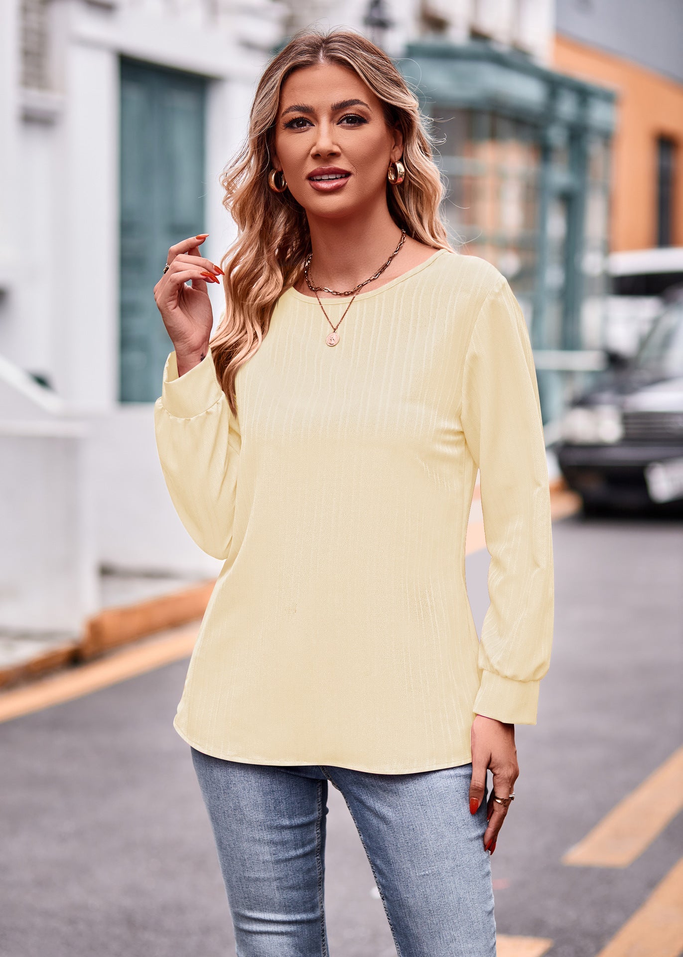 IvyShape | Solid Color Double Line Jacquard Long Sleeve Tee Top