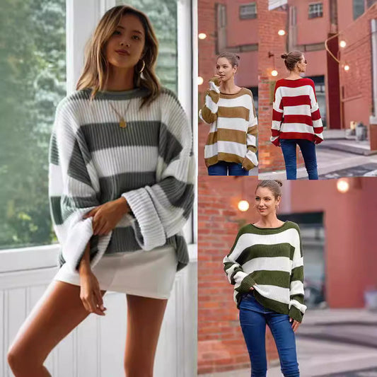 IvyShape | Rolled Edge Round Neck Striped Color Block Sweater