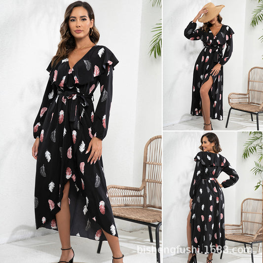 Women's maxi dress with ruffle details and stylish belt Ivyshape