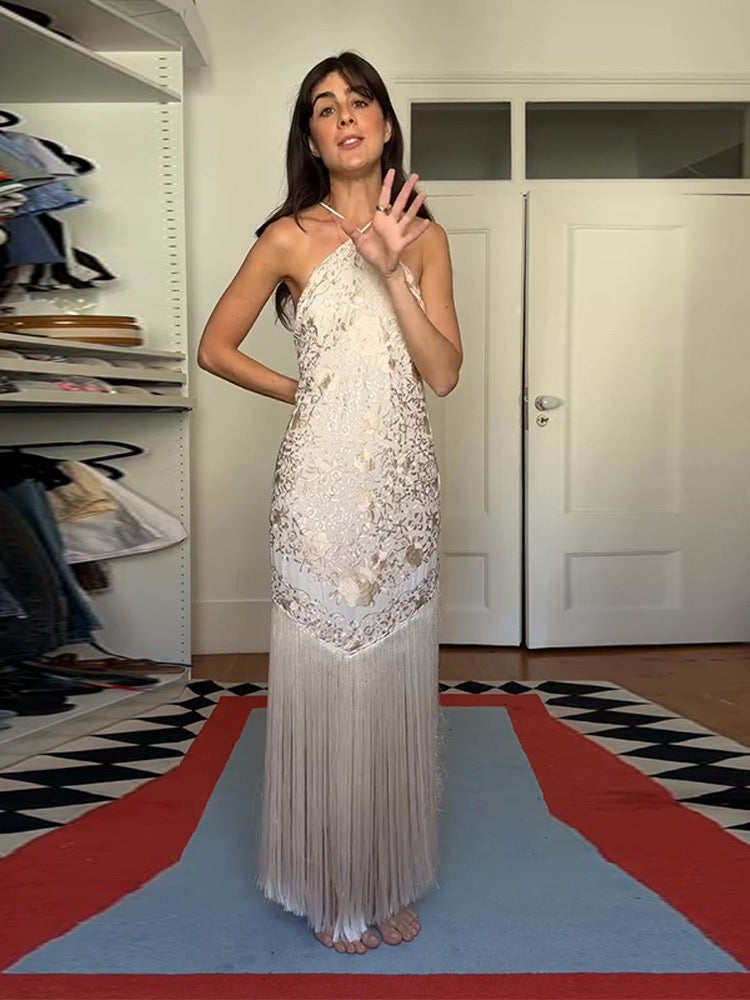 Women's maxi dress with elegant fringe design Ivyshape