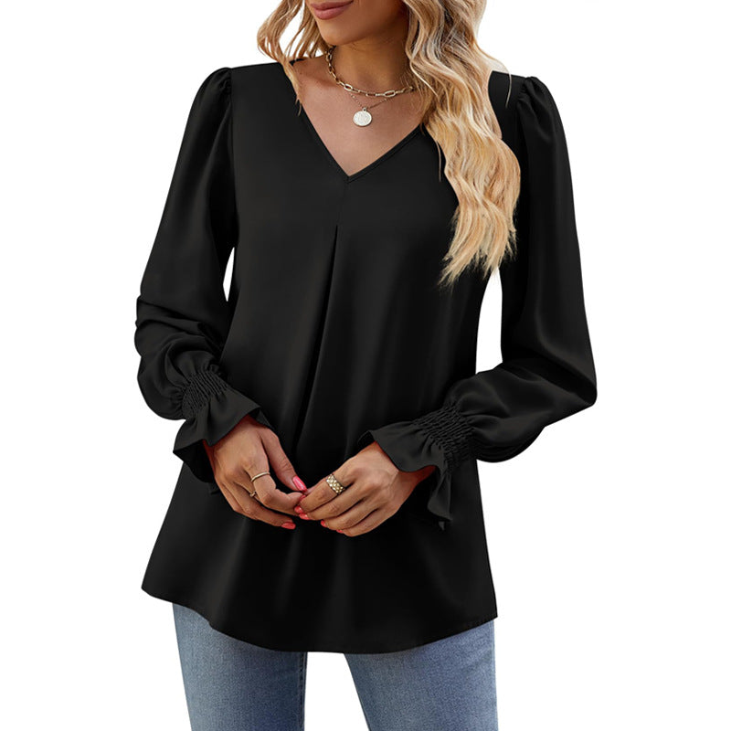 IvyShape | Solid Color V-Neck Puff Sleeve Long Sleeve Top