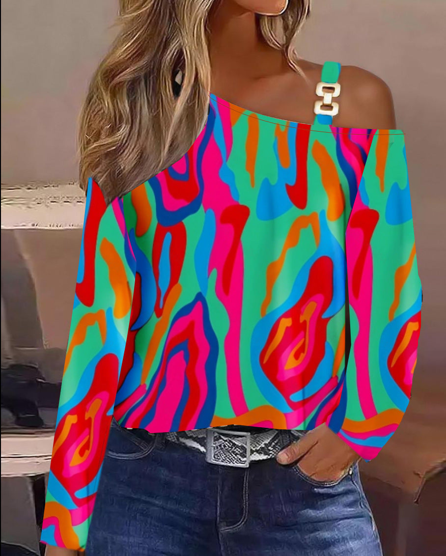 Women's Off-Shoulder Top with Fashionable Pattern and Decorative Straps Ivyshape