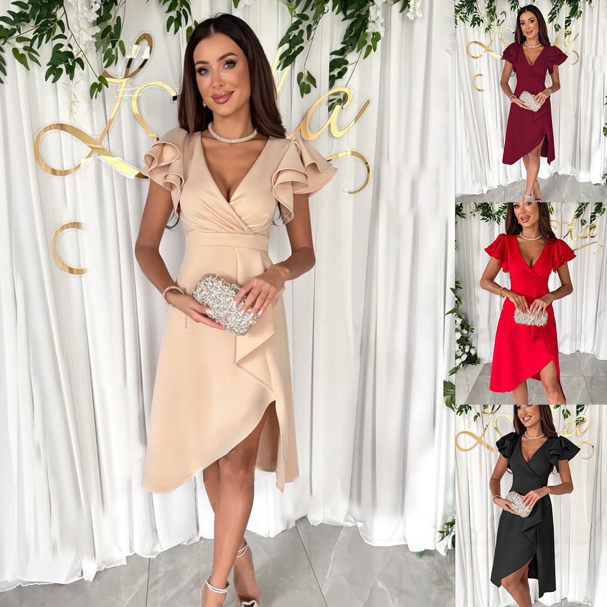 Women Elegant Ruffle Sleeve Wrap Dress Ivyshape