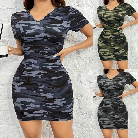 Women figure-hugging camouflage dress with V-neck and elastic material Ivyshape