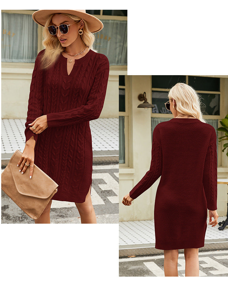 IvyShape | Cable Knit Solid Split Sweater Dress