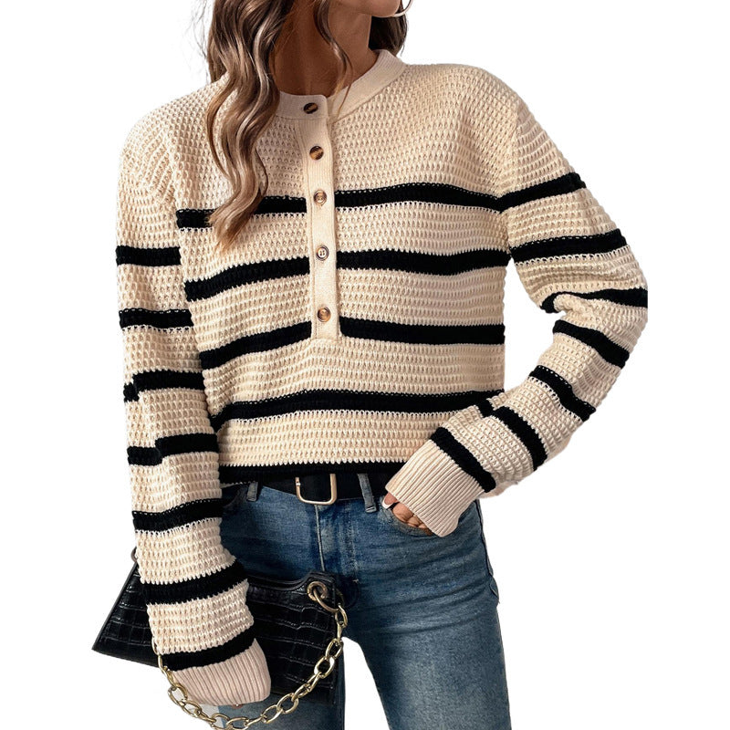 Women's striped pullover with button placket made of textured wool Ivyshape